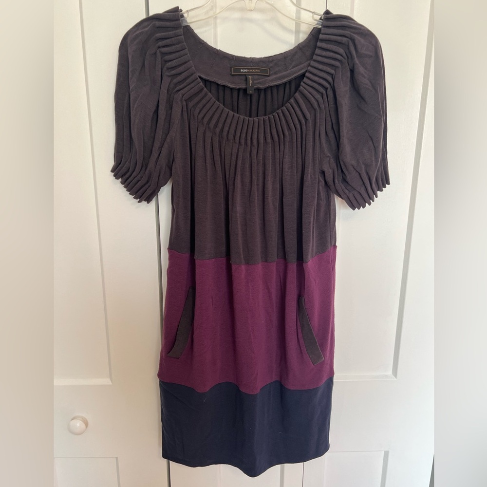 BCBGMaxAzria Two-Tone Midi Dress in Purple, Navy and Black